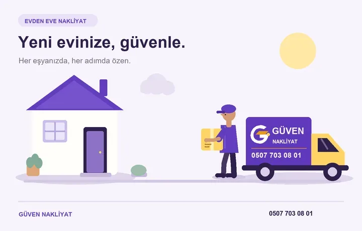 Güven Nakliyat görevlisinin koliyi kamyondan yeni eve taşıması; kamyon üzerinde G amblemli Güven Nakliyat logosu ve 0507 703 08 01